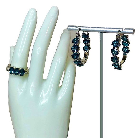 Blue Spinel Hoop Earrings & Ring Set Sz 8 Electroplated Rhodium Sterling Silver - Picture 16 of 17